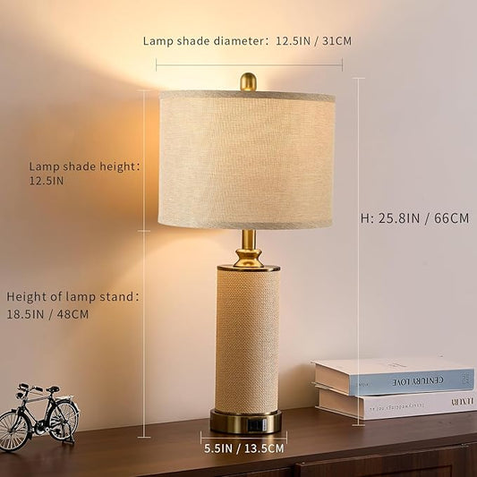 25.5" Boho Weaving Gold Large Table Lamps,Touch Control 3-Way Dimmable Farmhouse Bedside Lamps with USB A+C Charging Ports for Living Room/Bedroom/Office-with Ma Huang(LED Bulbs Included)