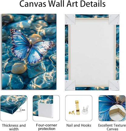 3Pcs Calm Zen Butterfly Canvas Wall Art, Blue Water Lily Pond Pictures Zen Stones White Lotus Flower Paintings Yoga Spa Spiritual Meditation Room Painting Decor Poster Art Prints for Bedroom 12"x16"x3
