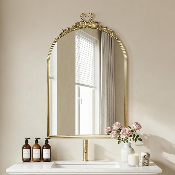Gold Baroque Vintage Mirror for Vanity 24x35.5Inch Gold Antique with Ornate Frame, Arched Vintage Wall for Bathroom, Living Room, Fireplace, Entryway (Golden (Arched 5), 36"L x 24"W（Vertical ）)