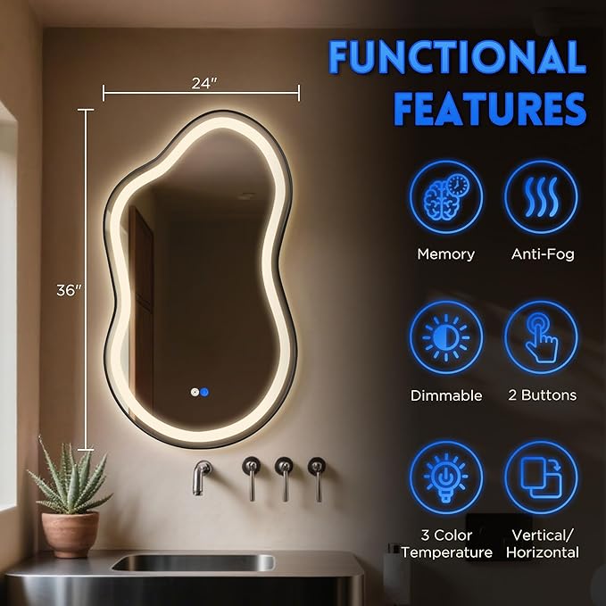Dorlicecass Irregular Led Bathroom Mirror- Black 24"x36" Single Piece Vanity Mirror with Lights IP54 Enhanced Anti-Fog, 3 Colors Dimmable, Memory,Tempered Glass,UL Listed