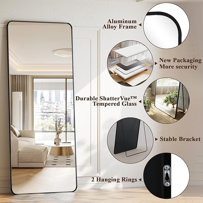 XRAMFY 65"x24" Floor Full Length Mirror Standing Full Body Rounded Corner Rectangle Mirrors with Stand Hanging Wall Mounted Leaning Bedroom Living Room Bedroom Cloakroom,Black