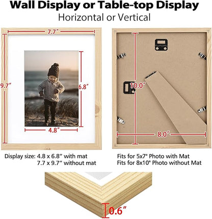 KINLINK 8x10 Picture Frame Wood Grain Set of 6, Wooden Photo Frame Matted 5x7 with Plexiglass for 5x7 with Mat or 8x10 without Mat for Table and Wall Display