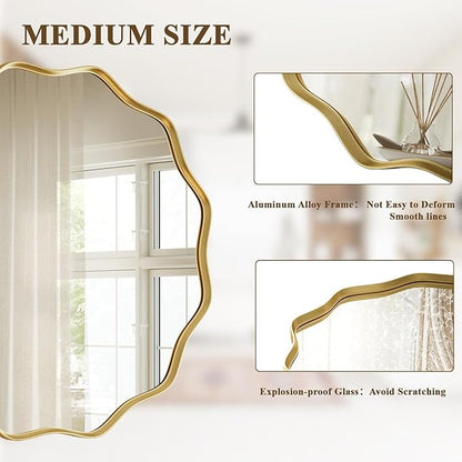 VooBang Gold Scalloped Circle Mirror, 36" Wavy Edge Round Wall Mirror with Tempered Glass Textured Circular Metal Deep Frame, Hanging Leaning for Bathroom, Hallway, Entryway, Livng Room