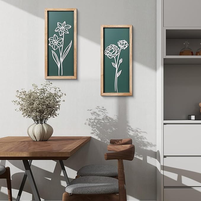 HKBS 3D Wooden Floral Wall Art, Set of 2 Framed Flowers Wall Art Sculptures, Boho Farmhouse Minimalist decor for Bathroom, Bedroom, Living Room, Kitchen or Office Wall Decorations Housewarming Gifts (Green)