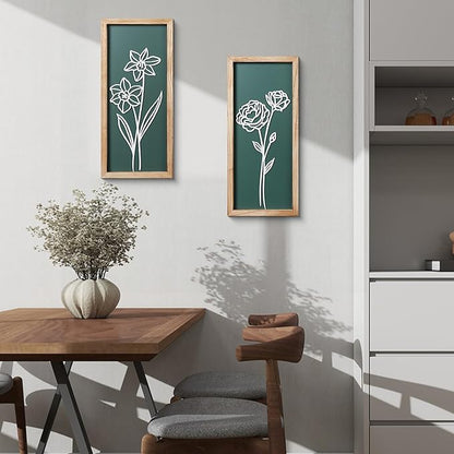 HKBS 3D Wooden Floral Wall Art, Set of 2 Framed Flowers Wall Art Sculptures, Boho Farmhouse Minimalist decor for Bathroom, Bedroom, Living Room, Kitchen or Office Wall Decorations Housewarming Gifts (Green)