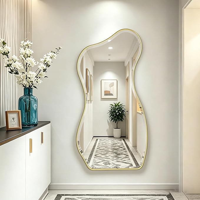 POZINO Irregular Beveled Mirror, 53"x25" Large Asymmetrical Aesthetic Wall Mirror with Gold Metal Frame, Premium Organic Shaped Mirrors for Living Room Bedroom Hallway Entryway, Leaning/Wall-Mount
