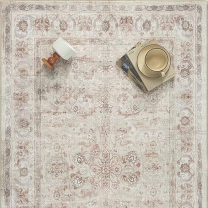 PureCozy 3x5 Area Rug Entryway Beige Washable Vintage Carpet Office Small Indoor Non Slip Soft Low Pile Thin Stain Resistant Distressed Accent Throw Rug for Entrance Bedroom Dining Living Room
