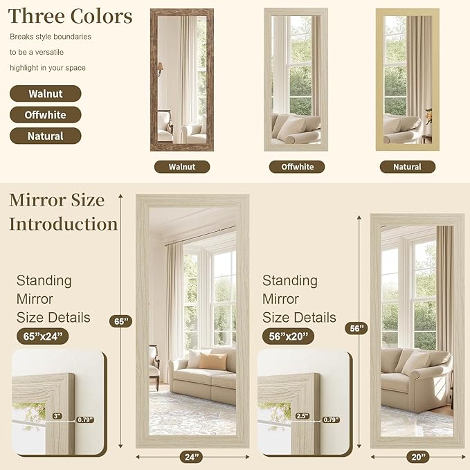 Syndra Modern Full Length Mirror Wood Frame, 65x24'' Large Floor Mirror with HD Tempered Glass & Wall Mount, Rectangular Standing Mirror for Bedroom, Living Room, Entryway, Farmhouse(Grey White Oak)