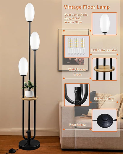 Black Dimmable Floor Lamp with Table, Unique Tall Standing Lamps with 3000K G9 Bulbs for Reading, Mid Century Modern Floor Lamp with 5Lbs Heavy Base for Living Room Bedroom Office