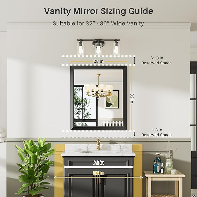 Briivue 28x32 Inch Black Bathroom Mirror for Wall, Thick Metal Framed Rectangle Mirrors for Over Sink, Bedroom, Living Room, Entryway, Anti-Rust, HD Tempered Glass