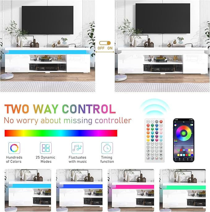 LED TV Stand for 75 Inch TV, Modern TV Stand with Power Outlet, High Gloss TV Console Entertainment Center with Storage and LED Lights for Living Room, Bedroom (66 Inch, White)