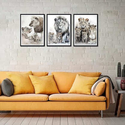 Majestic Lion Framed Canvas Wall Art Warming Lion Family Decor for Country House Apartment Living Room Bedroom Wildlife Animals Portrait Print Artwork Wall Decor Easy to Hand 12x16inchx3pcs