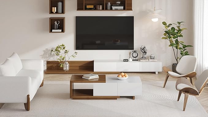 homary Wood Extendable TV Stand Rectangle Entertainment Center with Shelves & Drawers White & Walnut Media Console for Living Room Bedroom