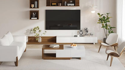 homary Wood Extendable TV Stand Rectangle Entertainment Center with Shelves & Drawers White & Walnut Media Console for Living Room Bedroom