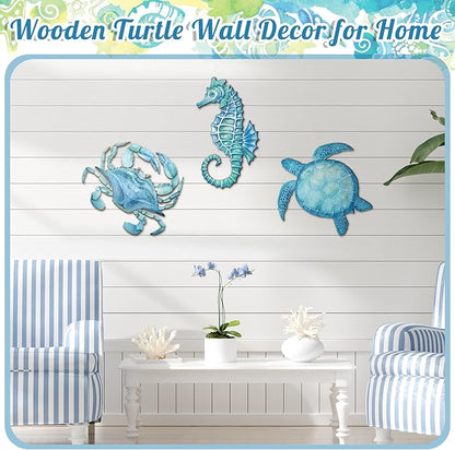 Tatuo 3 Pcs Summer Coastal Wall Decor Bathroom Beach Blue Wall Art Sea Turtle Surfboard Seahorse Starfish Seashell Conches Crabs Sea Life Decor for Bedroom Home (Ocean Style)