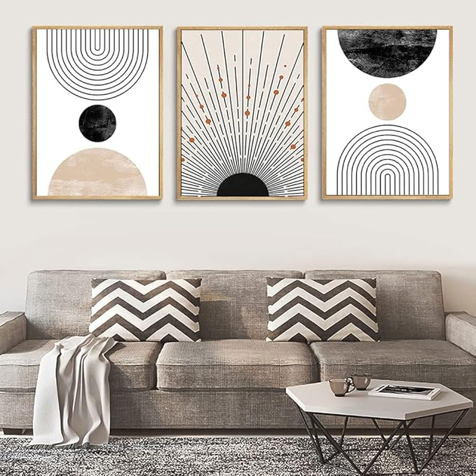 LOARTVE 3Pcs Beige Boho Wall Art Mid Century Modern Wall Decor Pictures Neutral Abstract Geometric Line Minimalist Canvas Posters Prints for Living Room Bedroom Office Home Decoration Unframed