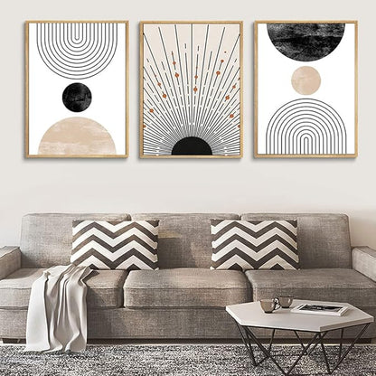 LOARTVE 3Pcs Beige Boho Wall Art Mid Century Modern Wall Decor Pictures Neutral Abstract Geometric Line Minimalist Canvas Posters Prints for Living Room Bedroom Office Home Decoration Unframed