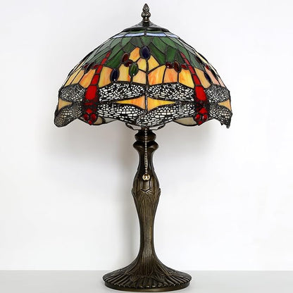 Tiffany Table Stained Glass Table Lamp 12 x 19” Bedside Reading Lamp Yellow Dragonfly Style Decorative Lamp for Desk Living Room Bedroom Office Study Light Decor Gift