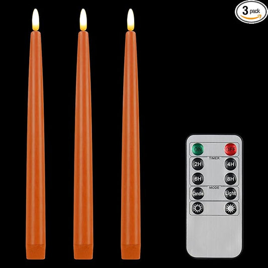 CVHOMEDECO. Flameless Taper Candles with 10-Key Remote, Battery Operated Led Flickering 3D Wick Window Candles Real Wax Finished Home Christmas Party Decor 0.78 x 11 Inch, Pack of 3, Orange