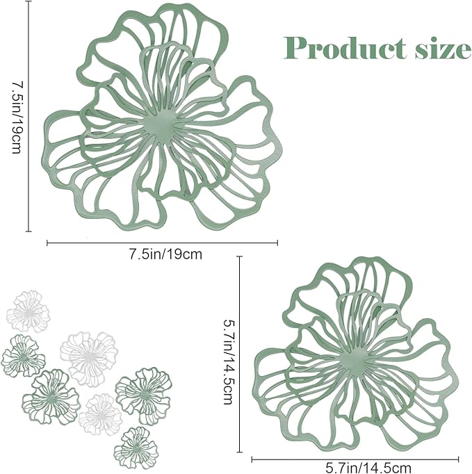 7 Piece Metal Wall Decor for Living Room, Boho Double Layered Iron Flower Wall Hanging Art, Aesthetic Indoor Metal Wall Sculpture Decor for Bedroom Kitchen Bathroom Farmhouse Home Office, Green-White