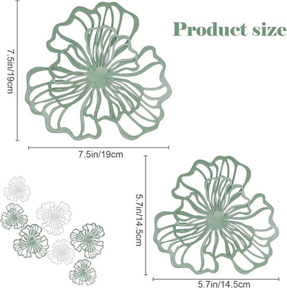 7 Piece Metal Wall Decor for Living Room, Boho Double Layered Iron Flower Wall Hanging Art, Aesthetic Indoor Metal Wall Sculpture Decor for Bedroom Kitchen Bathroom Farmhouse Home Office, Green-White