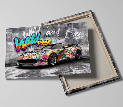 12x16 Modern Graffiti Sports Racing Car Canvas Wall Art Framed Urban Street Painting Car Poster for Teen Boys Room Pop Funny Home Decor Kids Bedroom Cool Posters Living Room Prints