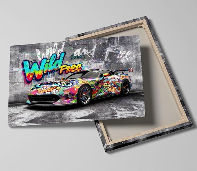 16x24 Modern Graffiti Sports Racing Car Canvas Wall Art Framed Urban Street Galley Oil Painting Gray Picture Teen Boys Pop Funny Home Decor Kids Bedroom Posters Men Office Living Room Cool Prints