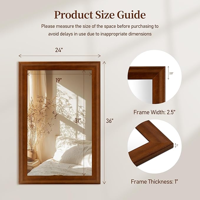 Tanmicoshomy Wood Bathroom Mirror 24 x 36 Inch, Solid Wood Framed Rectangle Mirrors with Shatter-Proof Glass for Living Room Bedroom Office or Entryway (Brown)