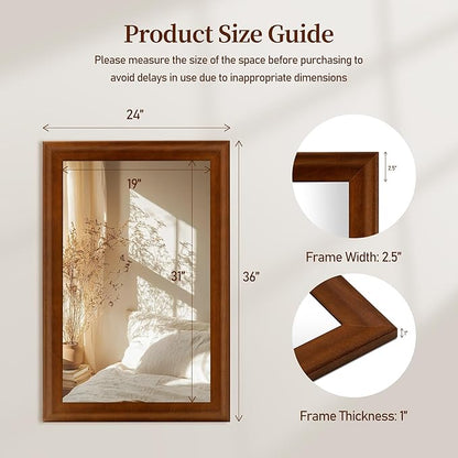 Tanmicoshomy Wood Bathroom Mirror 24 x 36 Inch, Solid Wood Framed Rectangle Mirrors with Shatter-Proof Glass for Living Room Bedroom Office or Entryway (Brown)