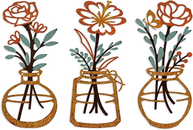 ARTINME 3 Pieces Metal Flowers Wall Arts - Rustic Farmhouse Decor Minimalist Flower Wall Decors for Living Room Bathroom Kitchen Bedroom Dining Room - Housewarming Gifts (Orange)