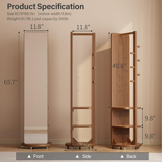 WoodsWhisper Full Length Mirror Coat Rack Solid Wood Floor Mirror 66"x12" Full Length Mirror with Stand Long Mirrors for Bedroom,Living Room (Walnut-Mobile, 66" Lx12 W)