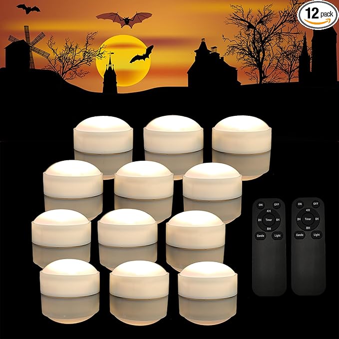 12 Pack Halloween Pumpkin Lights with Remote and Timer, Bright Flickering Battery Operated LED Light Flameless Candle Set for Pumpkin Décor Jack-O-Lantern Halloween Party Home Decorations, White Color