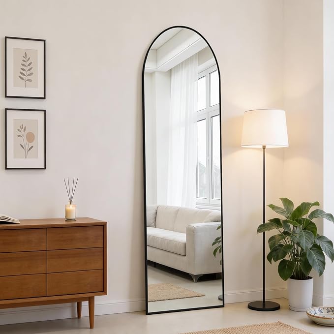 DUMOS Full Length Mirror 47x14 Inches - Arched Full Body Door Hanging Wall Mounted Aluminum Alloy Frame Mirror for Bedroom, Dressing Room, Entryway, Black