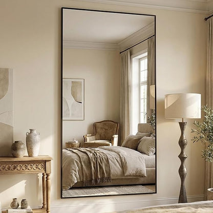 Antok 82''x44'' Full Length Mirror, Shatterproof HD Oversized Floor Mirror with Stand, Aluminum Alloy Frame Leaning Standing or Wall Mounted Mirror for Bedroom Living Room Entryway, Black