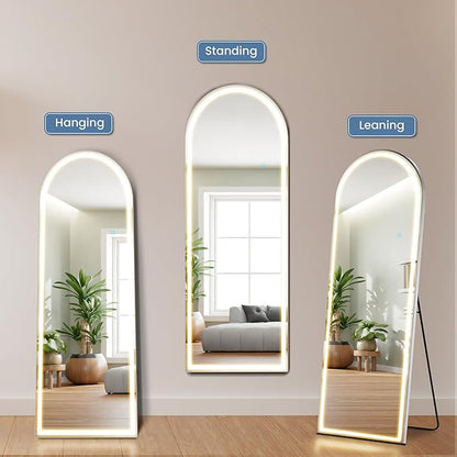 21"×64" Arched LED Full Length Mirror with Stand, Full Body Wall-Mount Mirror with LED Lights 3 Color Lighting, Hanging or Leaning, Floor Standing, Modern Simple Home Wall Decor