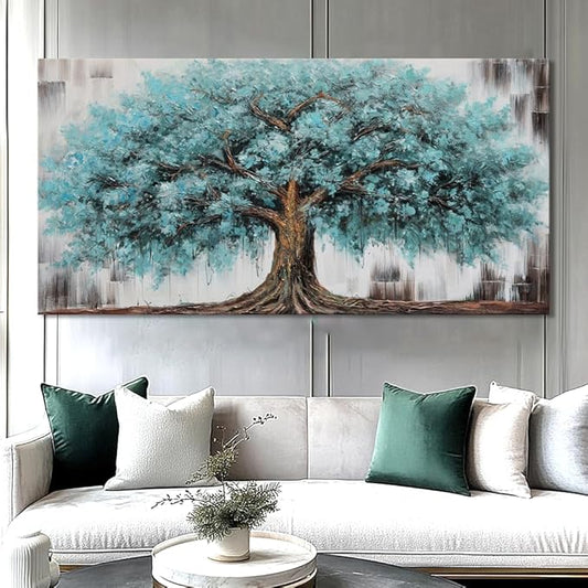 liysawg Wall Art Tree of Life Abstract Modern Artwork Blue Teal Tree Canvas Painting for Bedroom Living Room Office Large Decor 71"x36"