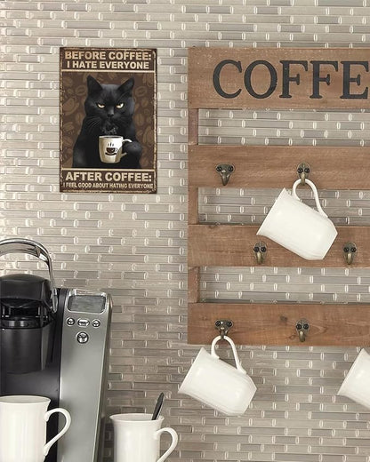 ALKB Funny Black Cat Sign, Vintage Coffee Sign - Before Coffee I Hate Everyone Wall Decor, 8x12 Inch