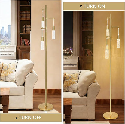 Gold Floor Lamps for Living Room, Modern Brass Standing Lamp with Bubble Crystal Shades, 3 Built-in LED Lights, ON/Off Foot Switch, Industrial Tall Tree Lamp for Bedroom Corner Home Office