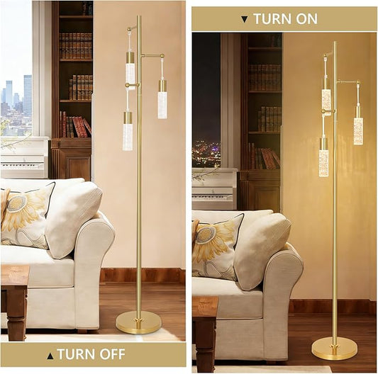 Gold Floor Lamps for Living Room, Modern Brass Standing Lamp with Bubble Crystal Shades, 3 Built-in LED Lights, ON/Off Foot Switch, Industrial Tall Tree Lamp for Bedroom Corner Home Office