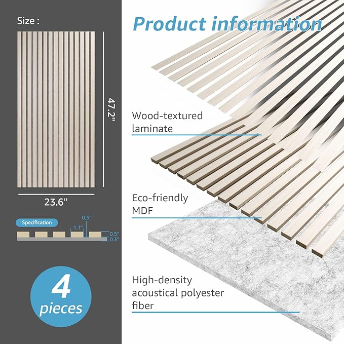 Art3d 4 Pack 47.2 x 23.6in. Wood Slat Acoustic Panels for Wall and Ceiling - 3D Fluted Sound Absorbing Panel with Wood Finish - White Elm