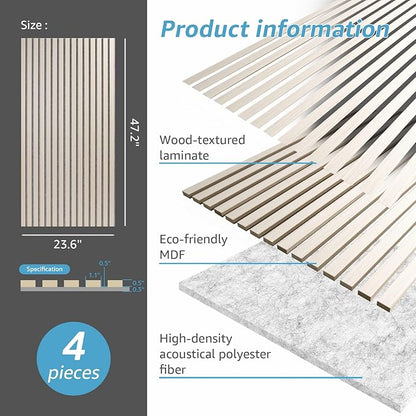 Art3d 4 Pack 47.2 x 23.6in. Wood Slat Acoustic Panels for Wall and Ceiling - 3D Fluted Sound Absorbing Panel with Wood Finish - White Elm
