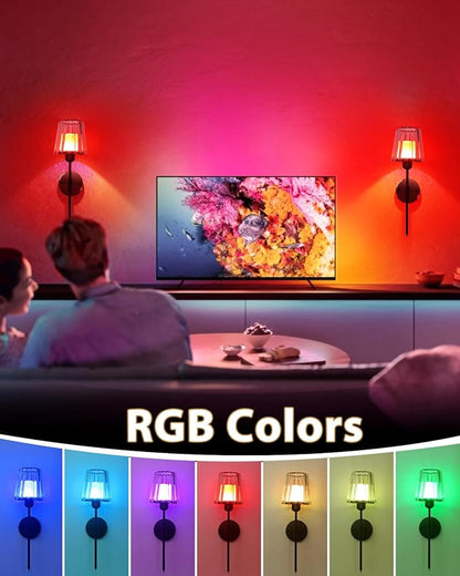 Adetu Crystal Battery Operated Wall Sconces Set of Two, Gold Rechargeable Wall Lights with 10000mAh Dimmable Magnetic Bulb, RGB Rechargeable Battery Wall Sconce with Remote Control for Bedroom Decor