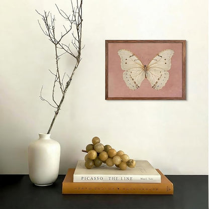 Vintage Butterfly Canvas Wall Art, Pink Butterfly Wall Decor Pictures, Antique White Moth Prints Paintings Neutral Insect Room Decor Aesthetic for Bedroom Bathroom Office 12x16 Inch Wood Frame