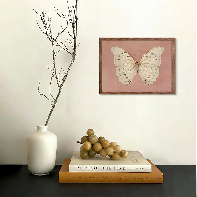 Framed Butterfly Canvas Wall Art, Pink Vintage Neutral Moody Insect Wall Decor Pictures, Antique White Moth Prints Paintings Aesthetic Posters for Living Room Bedroom Bathroom Office 8x10 Inch