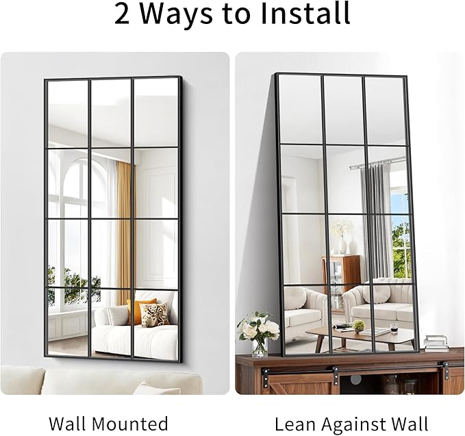 Rectangle Mirror, Wall Mounted, 30"x60" Window Pane Mirror Wall Decor Metal Framed, Large Black Mirror for Bedroom Living Room Fireplace Entryway Hanging or Leaning Against Wall