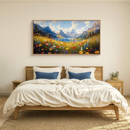 HOURIA Spring Boho Vibrant Watercolor Wildflower & Snowy Mountain Framed Canvas Wall Art Set,Colorful Floral Landscape Decor,Modern Natural Field Scenery Artwork for Living Room,Bedroom,Farmhouse- 20"×40"×1