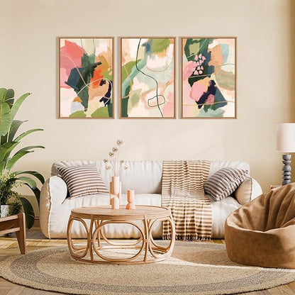 Colorful Abstract Framed Canvas Wall Art Set,Modern Multicolor Pastel Minimalist Line Wall Decor,Boho Green and Pink Painting for Living Room,Bedroom-24 x36 x3