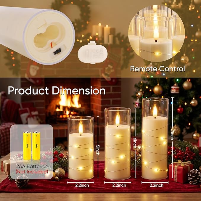 Homemory Flameless Candles with Remote Timer, Clear Acrylic Flickering LED Pillar Candles with Embedded Fairy String Lights, Battery Operated Candles for Wedding Fireplace Lantern Home Decor, Set of 9