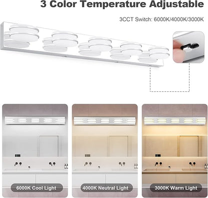 3 Color Temperature Dimmable Bathroom Light Fixtures over Mirror, LED Chrome 5 Light Vanity Lighting Fixtures, Acrylic Stainless Steel Square Shade Vanity Lights for Bathroom, ETL Certificated