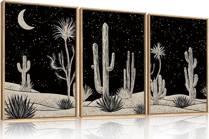 Desert Night Cactus Framed Wall Art Set,Modern Southwestern Black and White Wall Decor,Nature Rustic Moon and Stars Artwork for Living Room,Bedroom-16 x24 x3